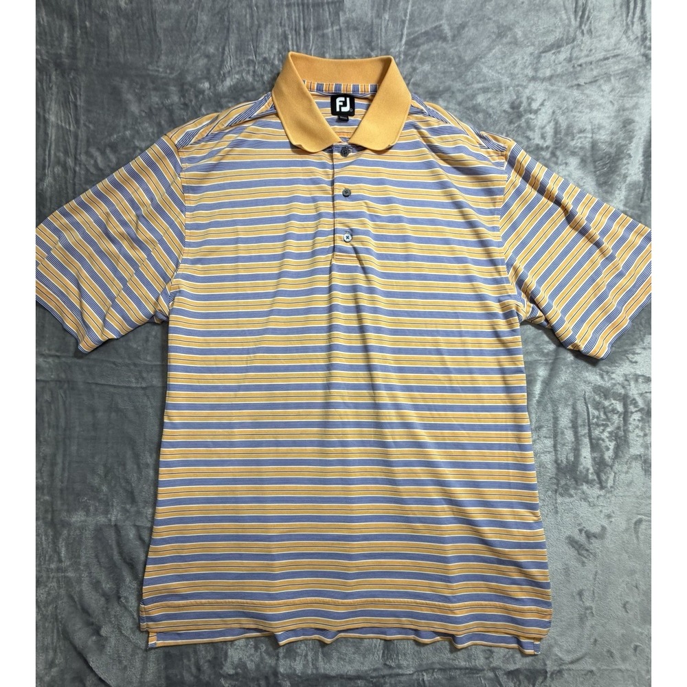 FJ Footjoy Men's Golf Polo Size Large Orange And Blue Stripes Performance
